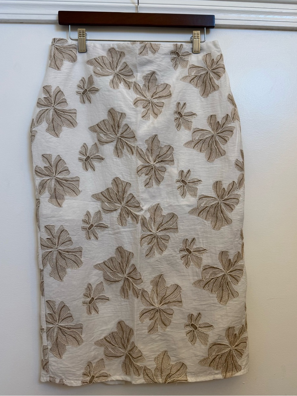 Fashion Nova Cream Pencil Skirt with Tan Floral Embroidery